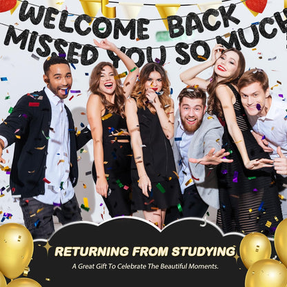 Fulmoon Pre Strung Welcome Back We Missed You So Much Banner, NO DIY, Glitter Welcome Home Celebration Decorations Family Gathering, Back to School, Military Homecoming Decoration(Dark Blue)