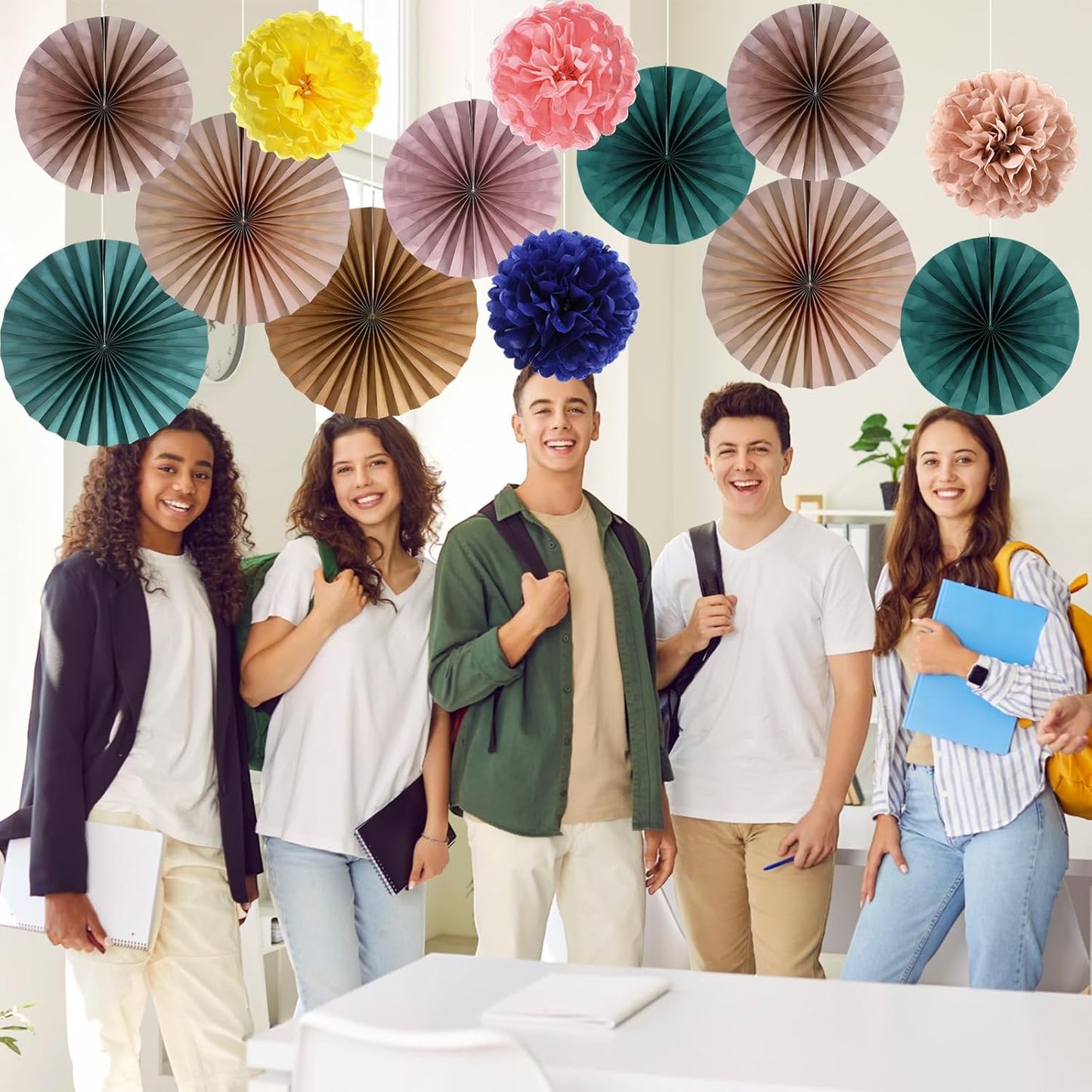 Kosiz 18 Pcs Pastel Rainbow Party Decorations Pastel Paper Fans 3D Floral Tissue Pom Poms Pink Hanging Paper Flowers Garland Classroom Home Wall Decor Birthday Baby Shower Bridal Wedding Supplies