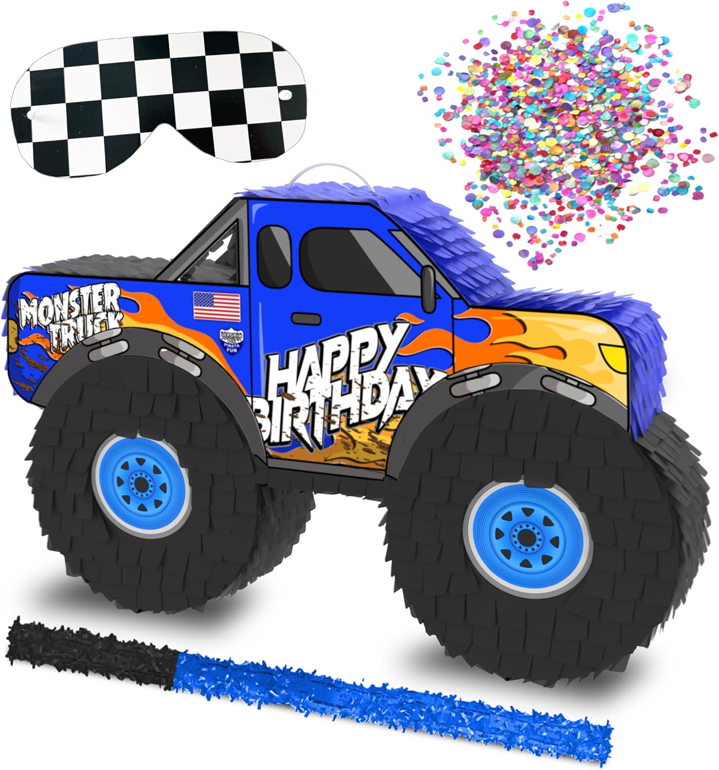 Jergrim Blue Monster Truck Piñata, Small 4 Piece Set, perfect for Kids Birthday Parties, Race Car Party Supplies fits piñata candy and party favors (17”X11”) Durable!