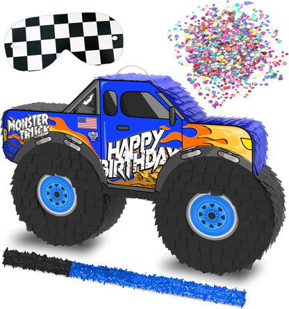 Jergrim Blue Monster Truck Piñata, Small 4 Piece Set, perfect for Kids Birthday Parties, Race Car Party Supplies fits piñata candy and party favors (17”X11”) Durable!
