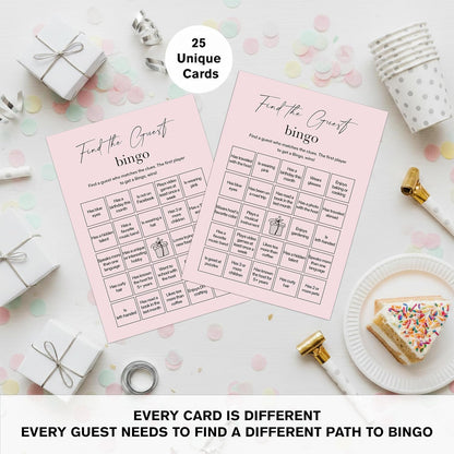 Find The Guest Bingo Cards – 25 Unique Cards, Icebreaker Party Games for Adults, Rustic Blush Pink Mingle Activity for Birthday Parties, Family Reunions, Office Events & Friendsgiving