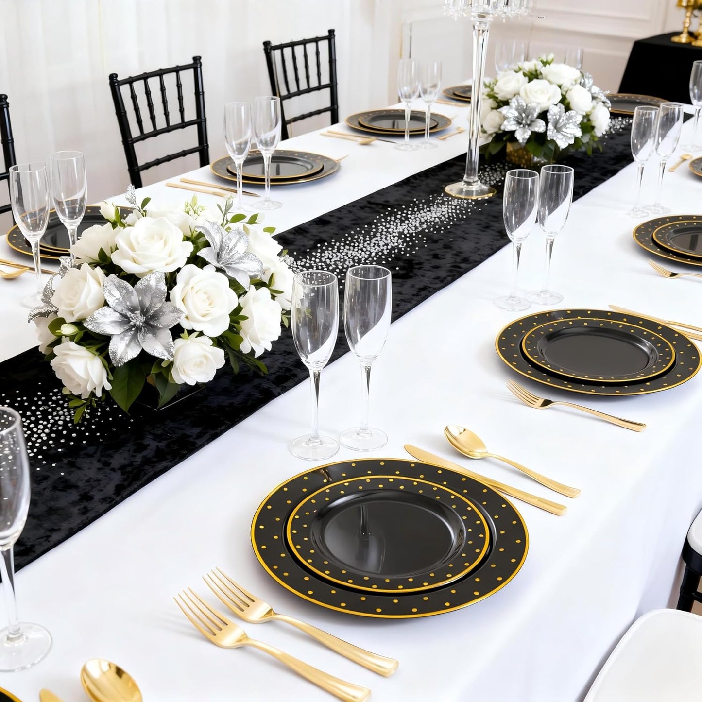 I00000 102 Pieces Gold Plastic Plates, Disposable Party Plates White Gold Rim, 51 Disposable Gold Dinner Plates 10.25 Inch and 51 Disposable Dessert Appetizer Elegant Fancy Wedding Plates 7.5 Inch
