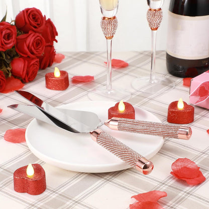Boao 4 Piece Mr and Mrs Champagne Flutes and Cake Knife Server Set Crystal Wedding Toasting Flutes Rhinestone Cake Cutting Set for Bride and Groom Wedding Engagement Bridal Shower Gifts(Silver)
