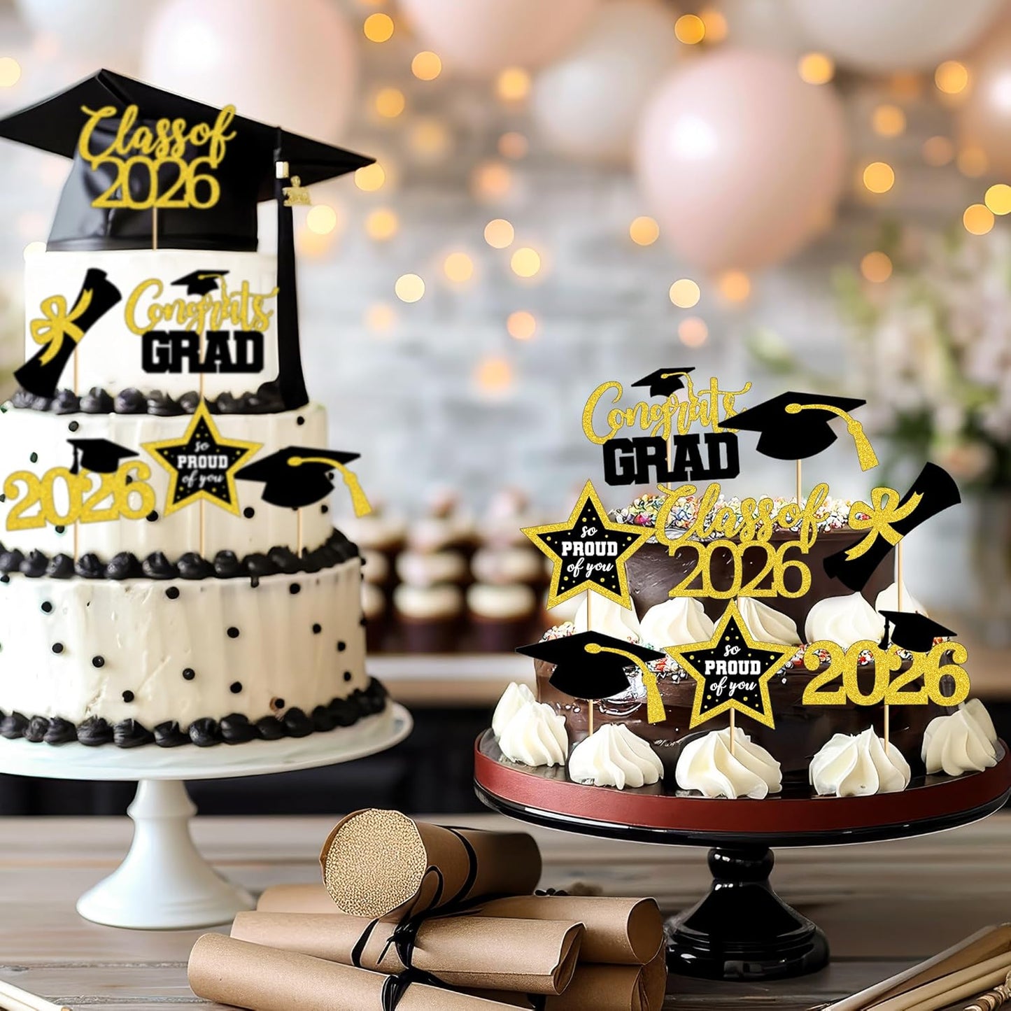 48 PCS Graduation Cupcake Toppers, Glittery 6 Styles Congrats Grad Cake Topper, Black and Red Graduation Decorations 2026, Cap and Diploma Cake Picks for Grad Party Supplies