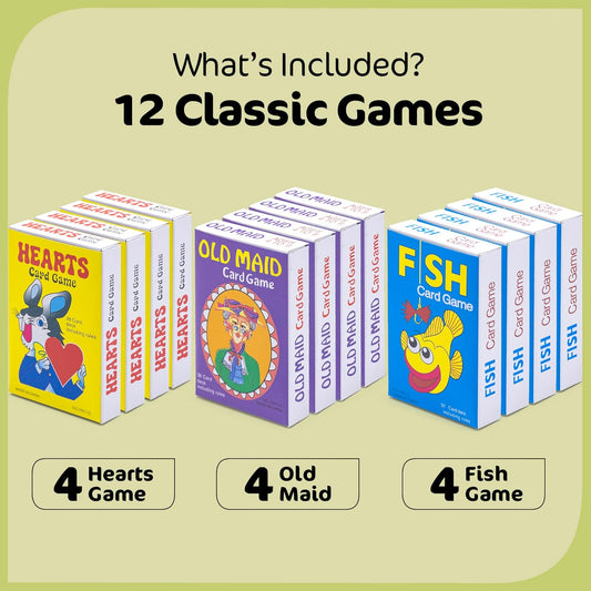 Kids Card Games Bulk – 12 Pack Classic Card Games for Kids Ages 4-9, Multi Pack Set Includes: Hearts, Go Fish, & Old Maid Playing Cards for Family Game Night, Party Favors & Classroom Prizes