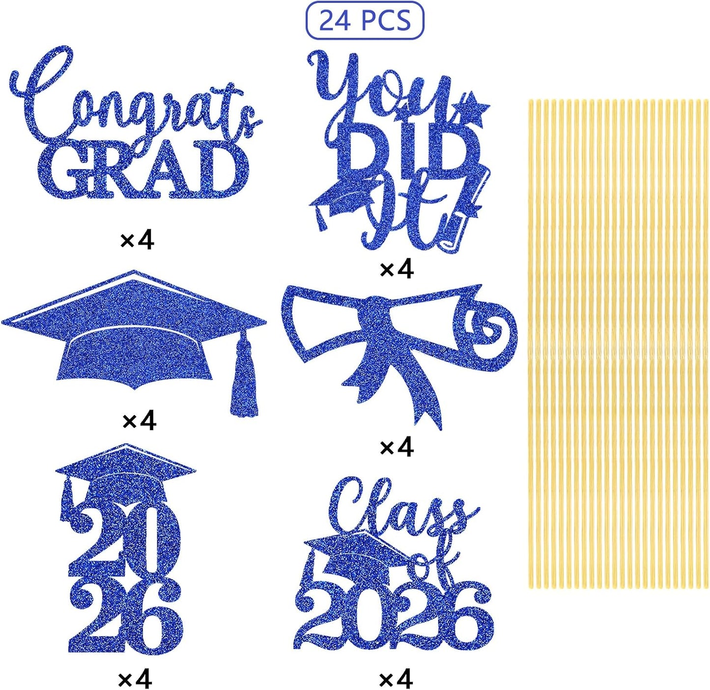 Graduation Centerpiece Sticks 24PCS Glitter Grad Picks Party Table Decor Senior High School College Sign Gold