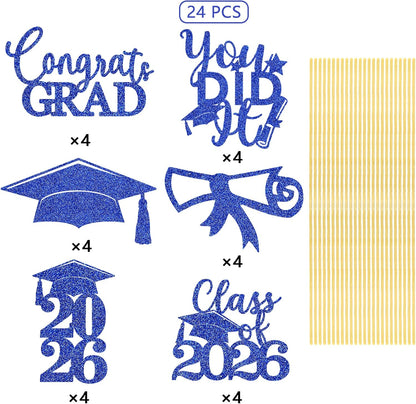 Graduation Centerpiece Sticks 24PCS Glitter Grad Picks Party Table Decor Senior High School College Sign Gold