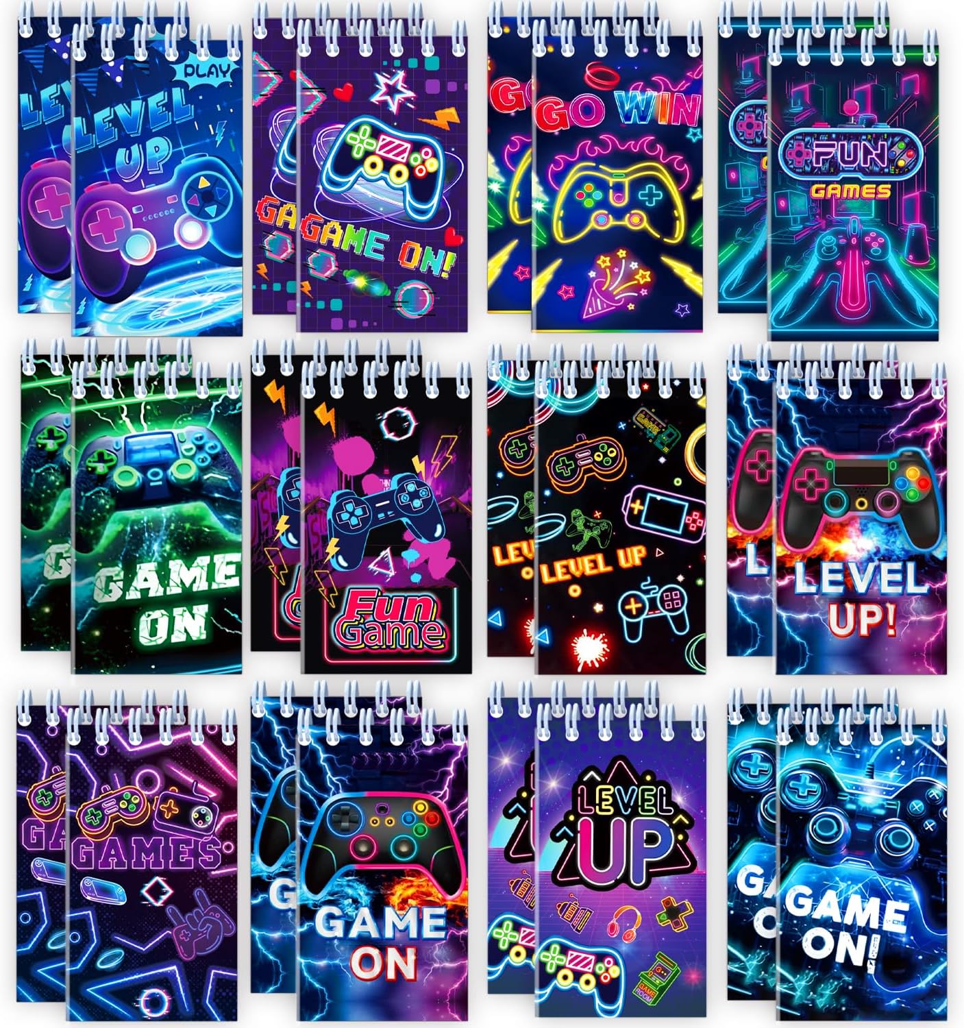 24 PCS Neon Video Games Mini Spiral Notepads Game on Party Gift Stuffer Supplies Gamer Party Decorations Gaming Small Notebooks for Neon Video Gaming Birthday Party Favors