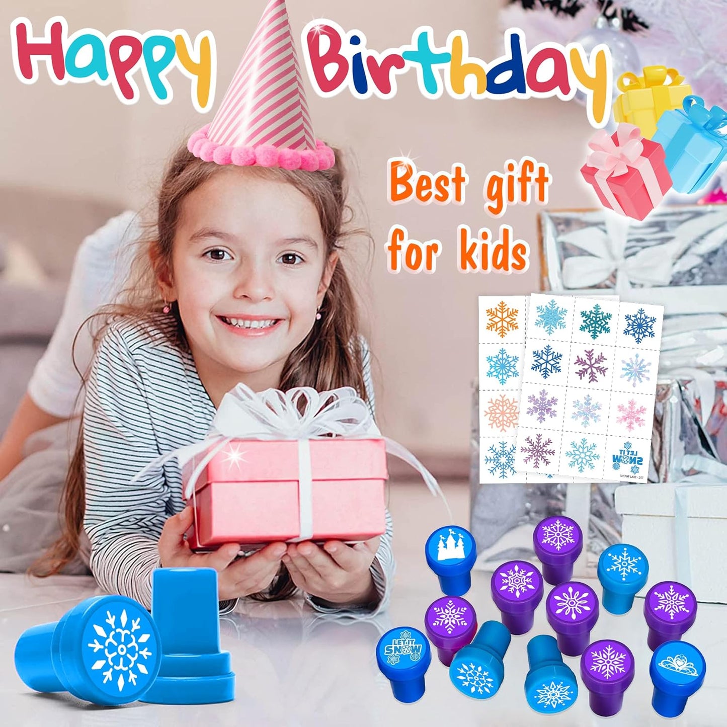 36PCS Snowflake Party Favors - 24PCS Temporary Tattoos & 12PCS Stamps - Ideal Winter Themed Birthday Card Decorations Supplies Goodie Bag Cute Rewards for Boys Girls Classroom Gifts Baby Shower Prizes