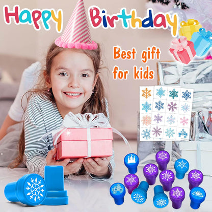 36PCS Snowflake Party Favors - 24PCS Temporary Tattoos & 12PCS Stamps - Ideal Winter Themed Birthday Card Decorations Supplies Goodie Bag Cute Rewards for Boys Girls Classroom Gifts Baby Shower Prizes