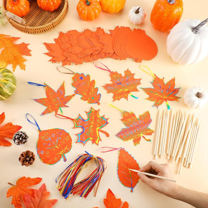 Frienda 80 Sets Fall Crafts Thanksgiving Scratch Crafts Colorful Color Scratch Maple Leaves Art Thanksgiving Arts and Craft for Classroom Activities Party Favors, 8 Design
