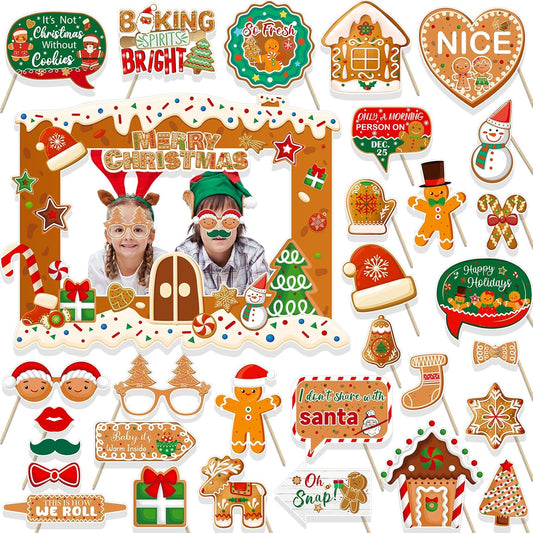 HOWAF Gingerbread Christmas Photo Booth Props Kit - 1 House Frame With 30pcs Man Selfie Props, Xmas Holiday Cookie Party Decorations