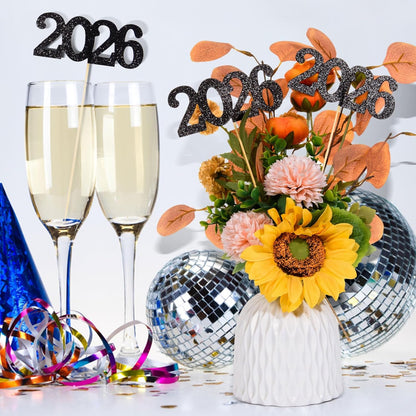 12 Pieces Glitter 2026 Centerpiece Sticks Black Double Sided 2026 Graduation Party Sticks 2026 Floral Picks Table Centerpiece Topper for 2026 Graduation New Year Party Decoration Supplies,4.9x9.1"