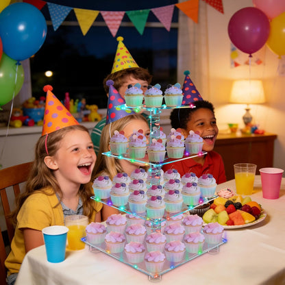 YestBuy Cupcake Stand with Yellow Led Lights, 4 Tier Cupcake Stand for 50 Cupcakes, Acrylic Cupcake Tower Stand, Clear Tiered Cupcake Holder for Birthday Cady Bar Décor Weddings, Parties Events