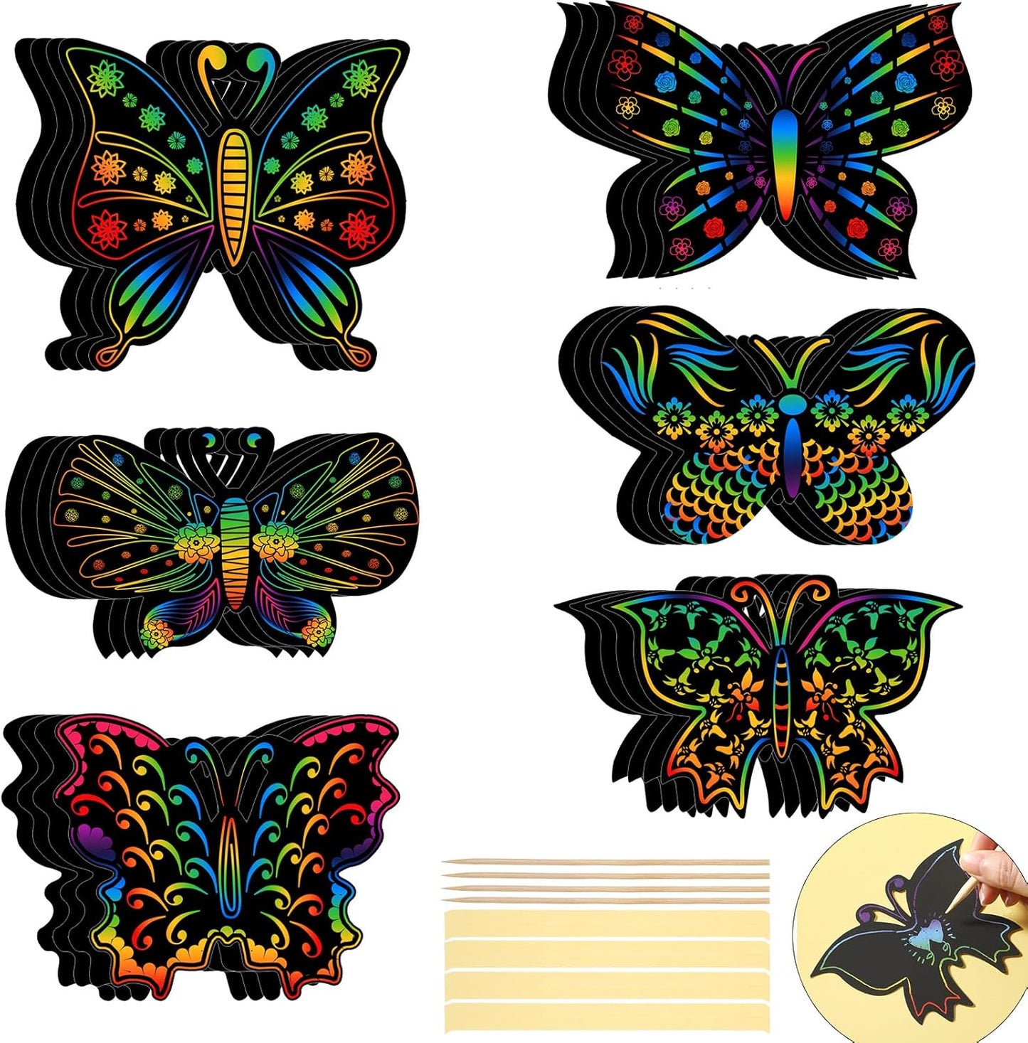 Landhoow 24 Pcs Butterfly Scratch Cards Spring Paper Scratch Butterfly Craft Art Kits with Bamboo Stylus Spring Party Favors for DIY Crafts Home Ornaments in 6 Styles