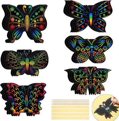 Landhoow 24 Pcs Butterfly Scratch Cards Spring Paper Scratch Butterfly Craft Art Kits with Bamboo Stylus Spring Party Favors for DIY Crafts Home Ornaments in 6 Styles