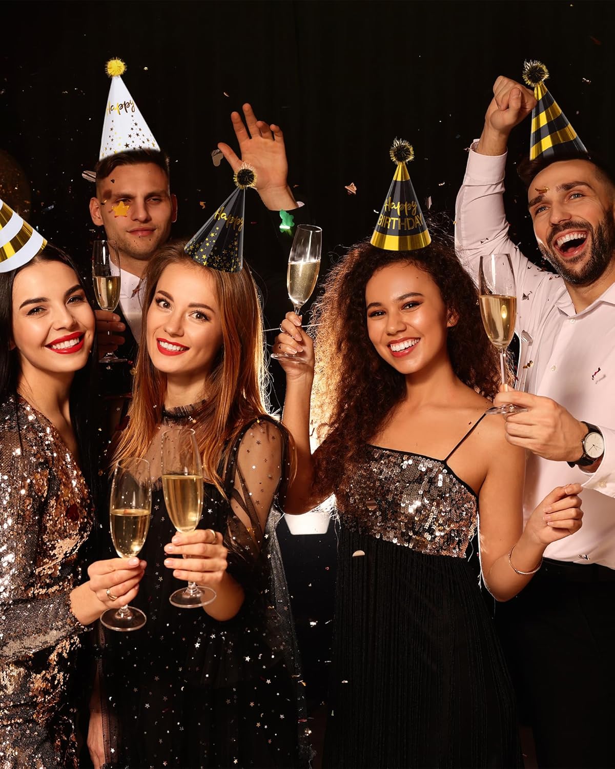 JOYEONDEF 30 Pcs Gold Birthday Party Hats Cone Hats Includes 8 Birthday Paper Hats and 22 Noise Makers