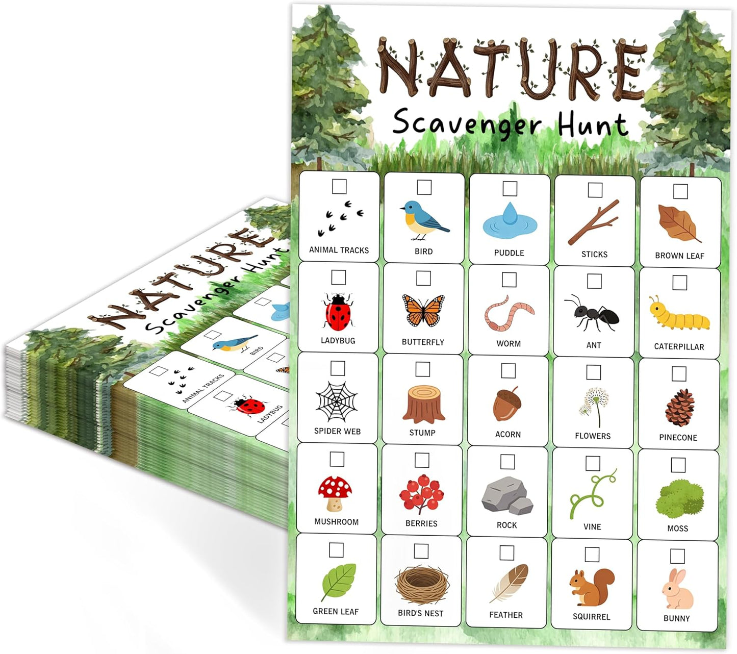 30Pcs Nature Scavenger Hunt Cards, Scavenger Hunt Cards Road Trip and Travel Activities, Spring Summer Holiday Party Supplies, Camping Games Outdoor Indoor Seek Activity-A03
