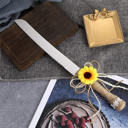 TANG SONG Rustic Style Stainless Steel Wedding Cake Knife and Serving Set Resin Plastic Handle with Artificial Green Leaf shape Design