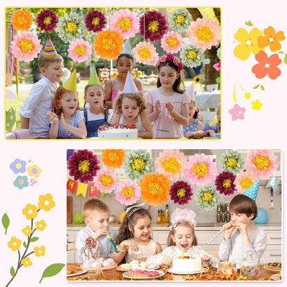 BestoFun 14 PCS Orange & Hot Pink Tissue Paper Flowers – Vibrant Party Decorations for Birthday, Baby Shower, Wedding, Fiesta, and Holiday Events