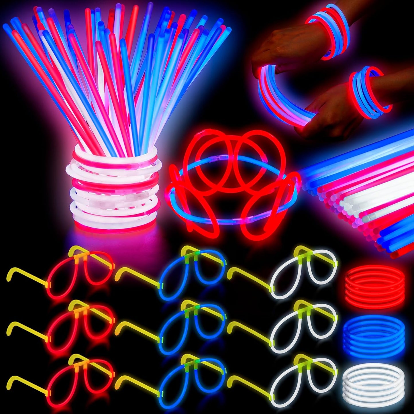 JOYIN 99 PCS 4th of July Patriotic Glow Sticks Glasses Bracelets, Kids Glow in the Dark Party Supplies, Red White and Blue Light Up Sticks LED Necklace Patriotic Accessories for Independence Day