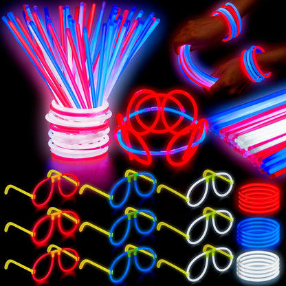 JOYIN 99 PCS 4th of July Patriotic Glow Sticks Glasses Bracelets, Kids Glow in the Dark Party Supplies, Red White and Blue Light Up Sticks LED Necklace Patriotic Accessories for Independence Day