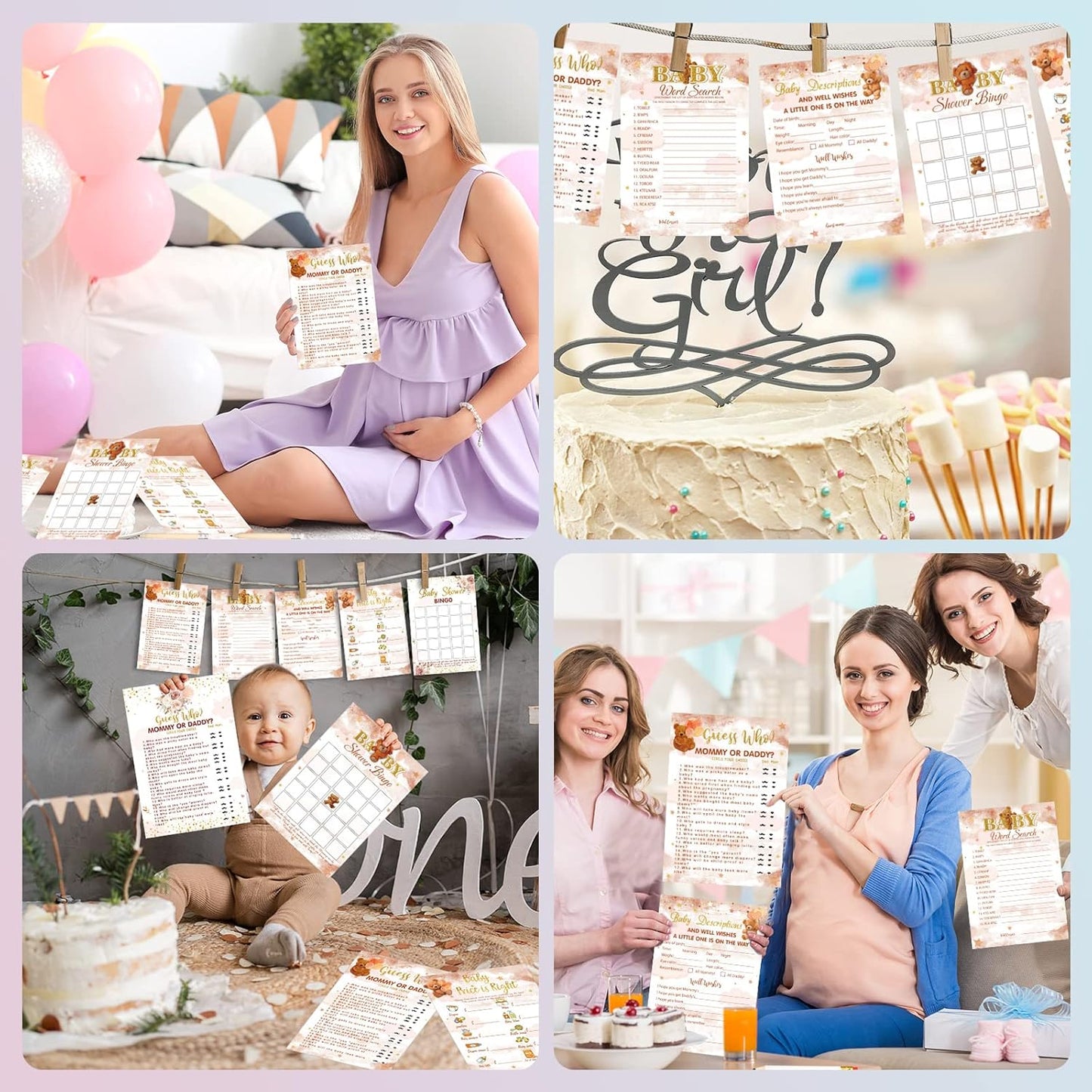 Yinder 145 Pcs Baby Shower Games Activities Cards with 20 Pencils Includes Baby Bingo Description and Wishes Guess Who Price is Right Word Scramble Game(Here Comes the Son)