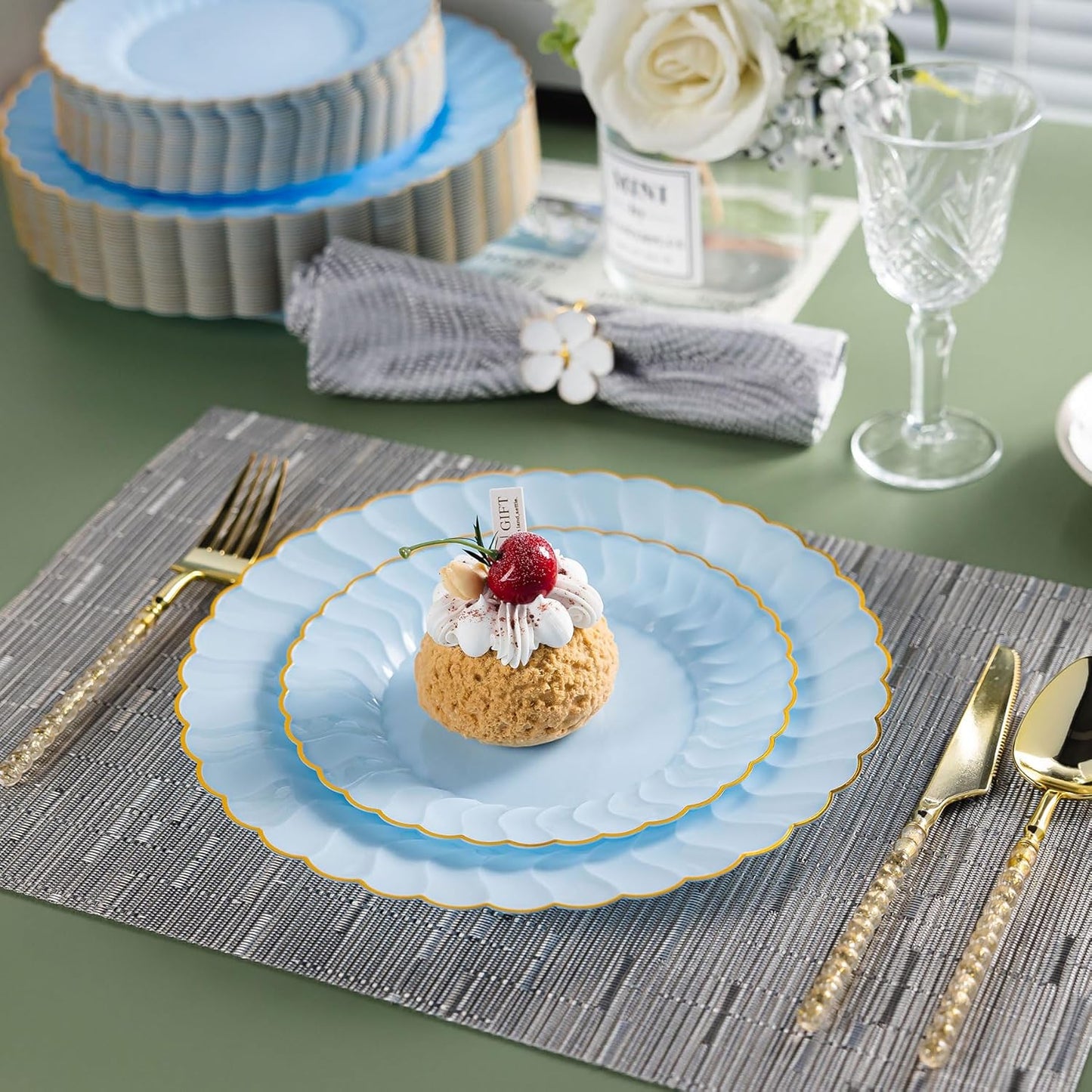 Lullaby 60PCS Ivory Scalloped Plastic Plates with Gold Rim, Disposable Elegant Plates Include 30pcs Dinner Plate 10.25", 30pcs Plastic Dessert Plate 7.5", Perfect for Wedding and Party