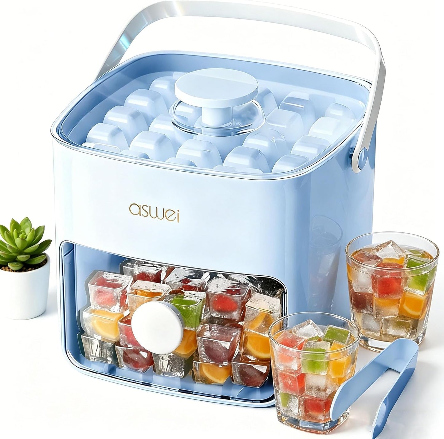 Compact Ice Cube Tray with Lid and Bin, Mini Press-Type Ice Cube Maker for Freezer, Space-Saving Small Ice Bucket with Tongs for RV, Office, Mini Ice Cube Trays & Water Bottles, BPA-Free (Green)