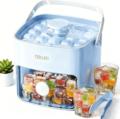 Compact Ice Cube Tray with Lid and Bin, Mini Press-Type Ice Cube Maker for Freezer, Space-Saving Small Ice Bucket with Tongs for RV, Office, Mini Ice Cube Trays & Water Bottles, BPA-Free (Green)