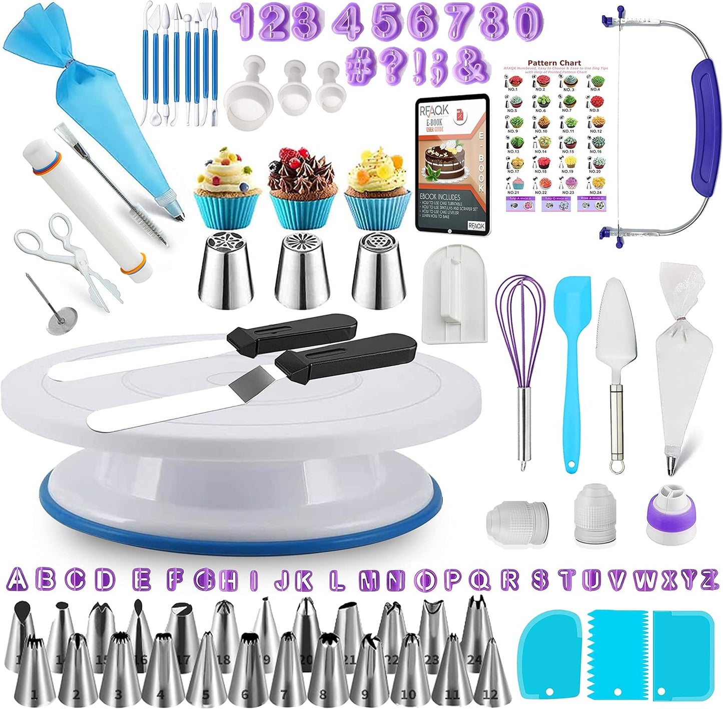 RFAQK 90PCs Cake Decorating Kit with Leveler, Baking Supplies Gift Includes Cake Stand Turntable, 24 Numbered Icing Tips, 55+1 Piping Bags, 2 Frosting Spatulas, 3 Scrappers, Video Course & Booklet