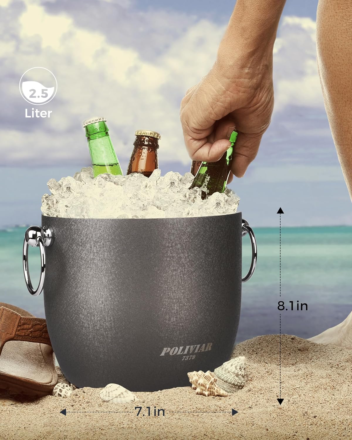POLIVIAR Ice Bucket, 2.5L Double Wall Ice Bucket with Lid, Stainless Steel Ice Bucket with Tong & Strainer, Ice Bucket for Cocktail Bar, Home & Parties, JX2023-IBLU
