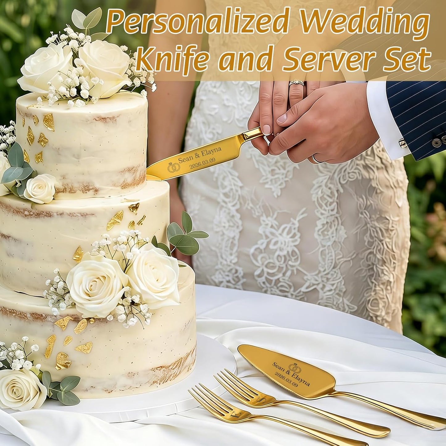 Custom Wedding Cake Cutting Set, Engraved Knife & Server with Names, Ideal Wedding Gift for Couples Bridal Showers Anniversaries (Gold)