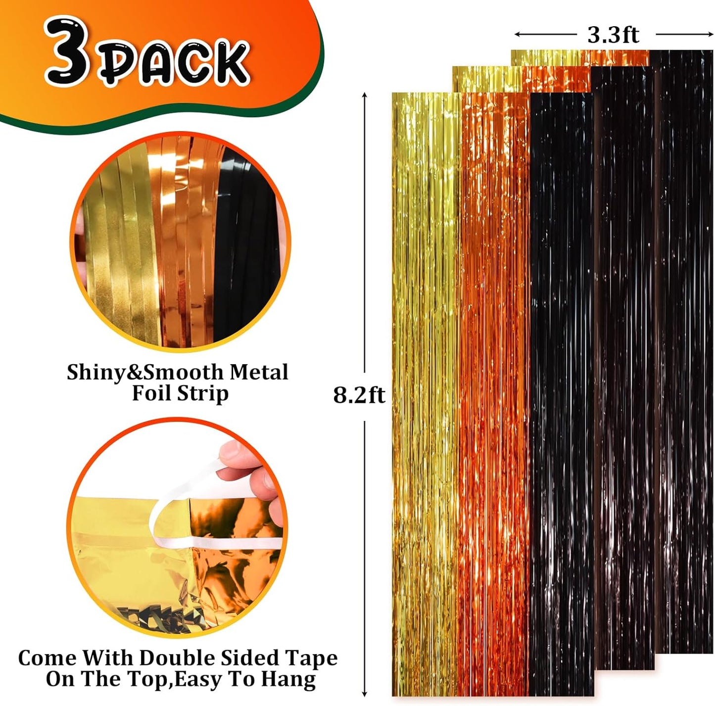 Voircoloria 3 Pack 3.3x8.2 Feet Gold Foil Fringe Backdrop Curtains, Tinsel Streamers, Fringe Backdrop for 2025 New Years Eve, Graduation, Birthday, Baby Shower, Gender Reveal, Disco Party - Colors A
