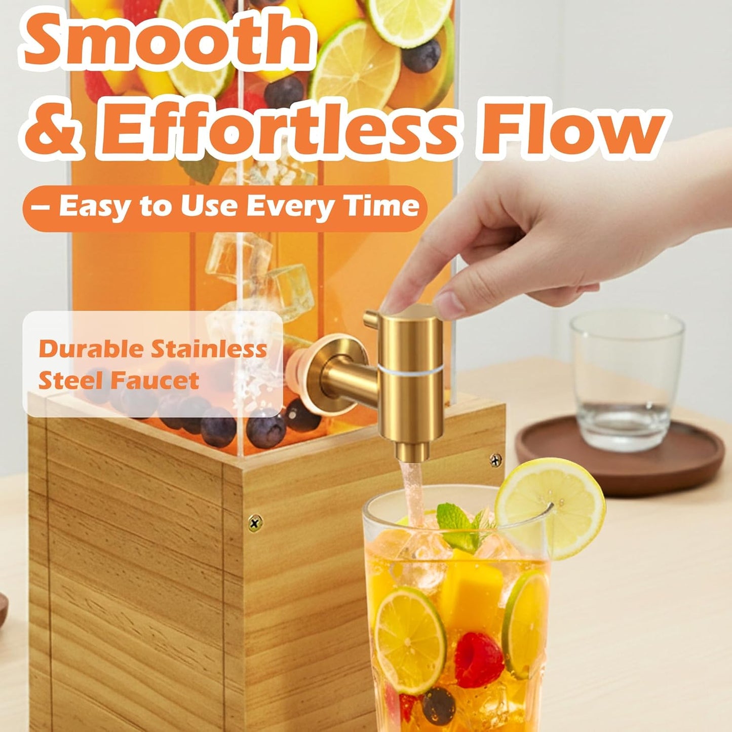 2 Gallon Drink Dispenser for Parties, Beverage Dispenser with Airtight Valve, Large Water Drink Dispenser, Water Dispenser with Wood Stand, Lemonade Dispenser for Water, Juice,Cocktails,Ice Tea