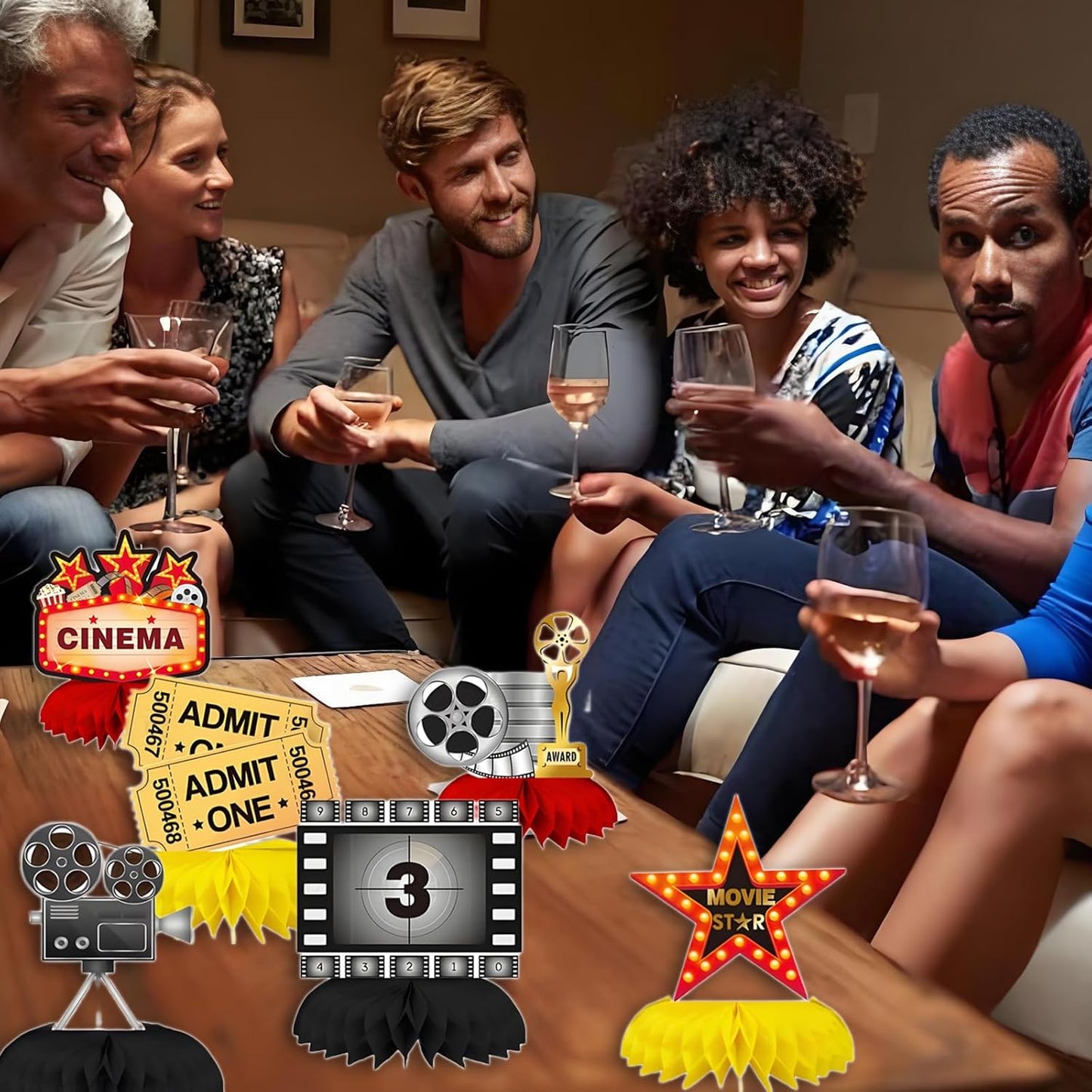 9Pcs Movie Night Party Honeycomb Centerpieces Decorations, 3D Movie Theme Birthday Table Topper, Hollywood Party Decor