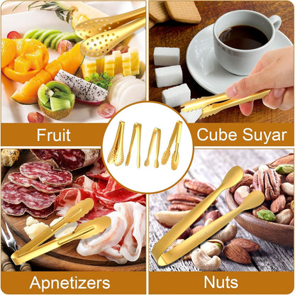 12 Pcs Gold Tongs for Serving Food Stainless Steel Small Gold Serving Tongs for Appetizer Tea Party Coffee Bar Food Ice Salad Barbecue Cookies Sugar, 4 Styles