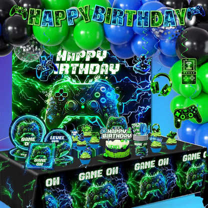Video Game Birthday Decorations,260pcs Gaming Party Decorations Gamer Birthday Party Decorations Plates and Napkins Cups Tablecloth, Game Party Decorations for Boys Cake Topper Hanging Swirls