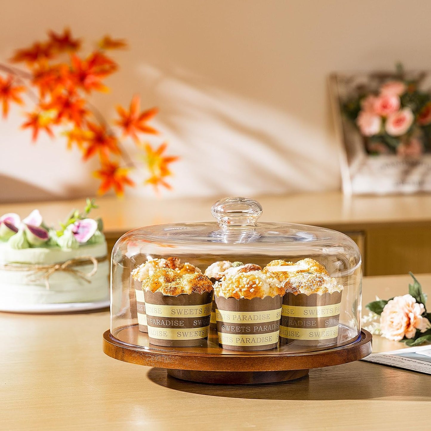 Yangbaga Glass Cake Stand with Lid,11in Wooden Rotating Cake Stand with Dome Cover, Cake Plate Display Server Tray for Birthday Kitchen Party