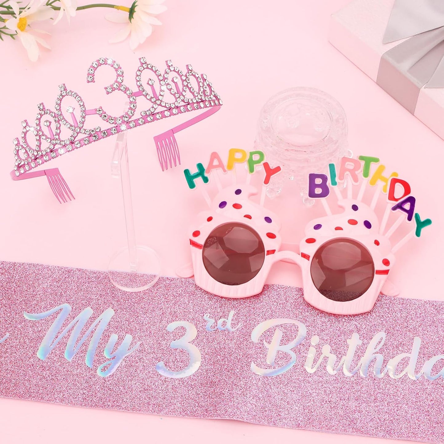 YARIEW 3rd Birthday Decorations, 3rd Glitter Purple Sash and Crown Kit with Happy Birthday Sunglasses, Tiara Princess Crown and Sash Party Outfit Accessory