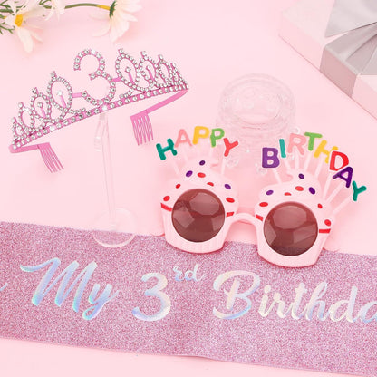 YARIEW 3rd Birthday Decorations, 3rd Glitter Purple Sash and Crown Kit with Happy Birthday Sunglasses, Tiara Princess Crown and Sash Party Outfit Accessory