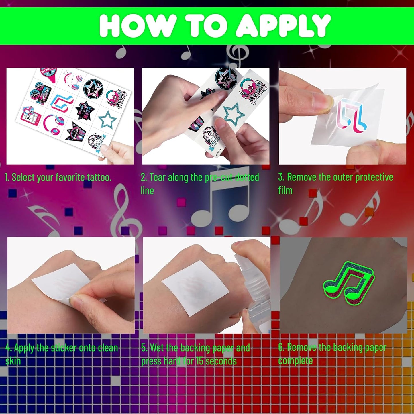 (96PCS) Music Note Notes Musical Motivational Pre-Cut Temporary Tattoos for Kids Birthday Themed Party Supplies Decorations Favors Super Cute Instrument Stickers Tattoo Gifts for Boys Girls Rewards