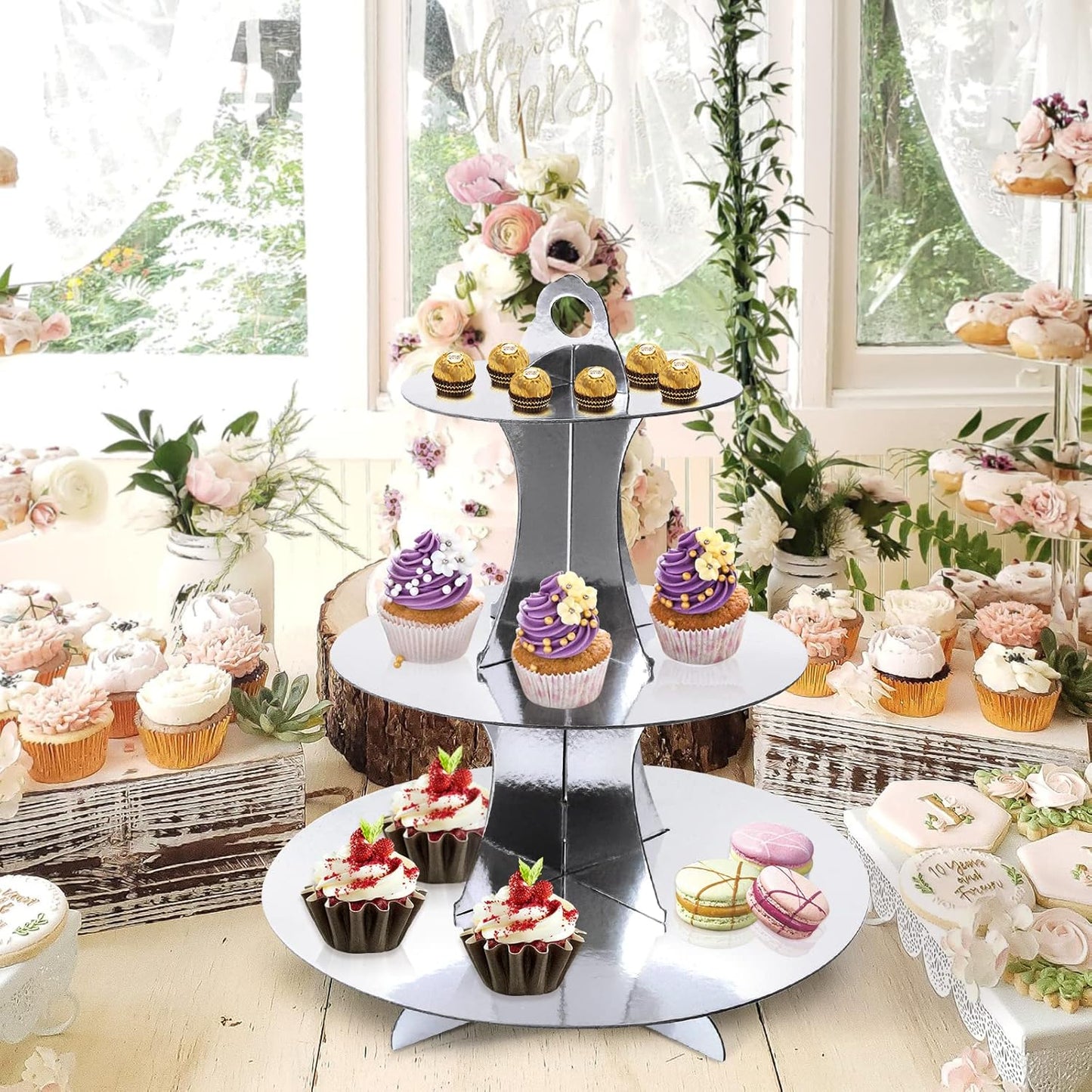 Soleebee 3-Tier Round Cupcake Stand, Cardboard Cupcake Tower, Dessert Cup Cake Stand Tower for Birthday Wedding Party Decoration, Cupcake Tier Stand 1 Set (Hot Pink)