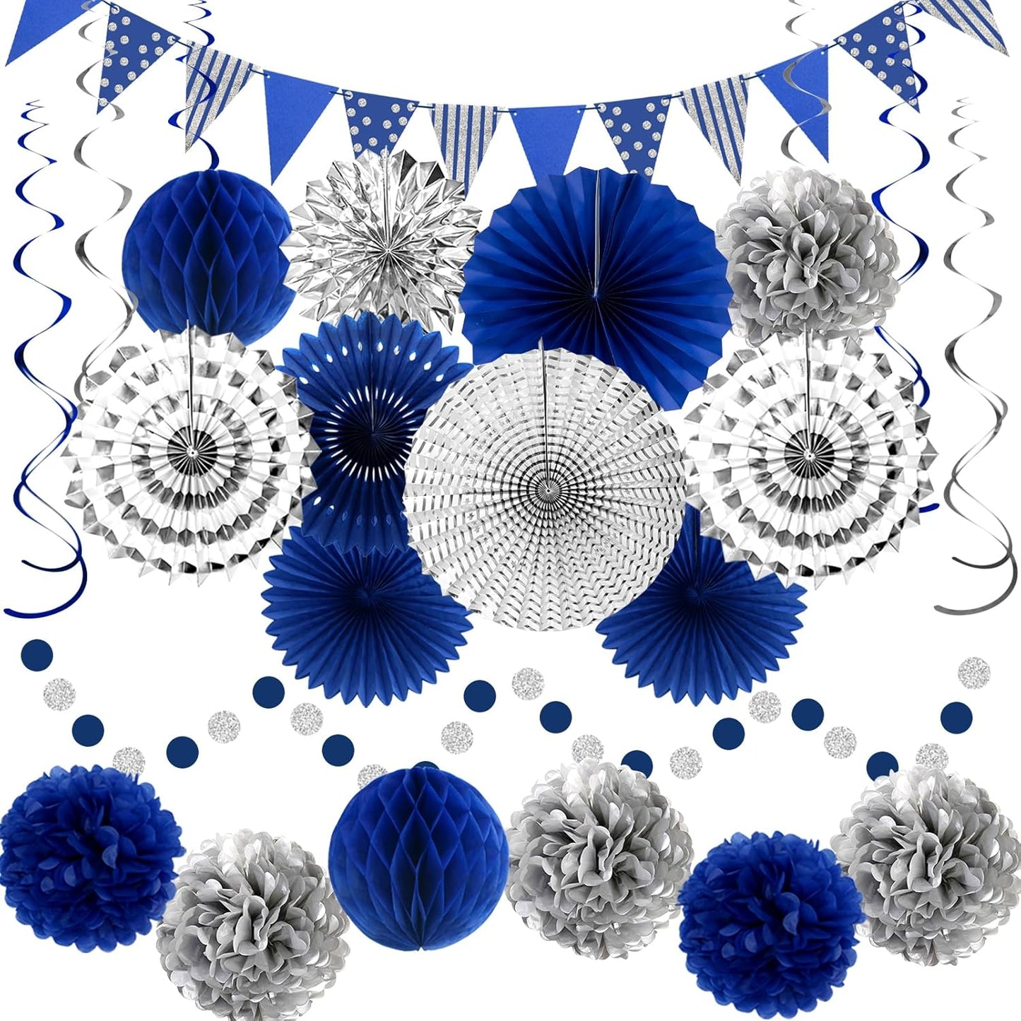 24PCS Patriotic Decorations 4th of July Decorations Set Red White Blue Hanging Paper Fans USA Flag Pennant Pom Poms Hanging Swirls Party Supplies for Memorial Day Independence Veterans