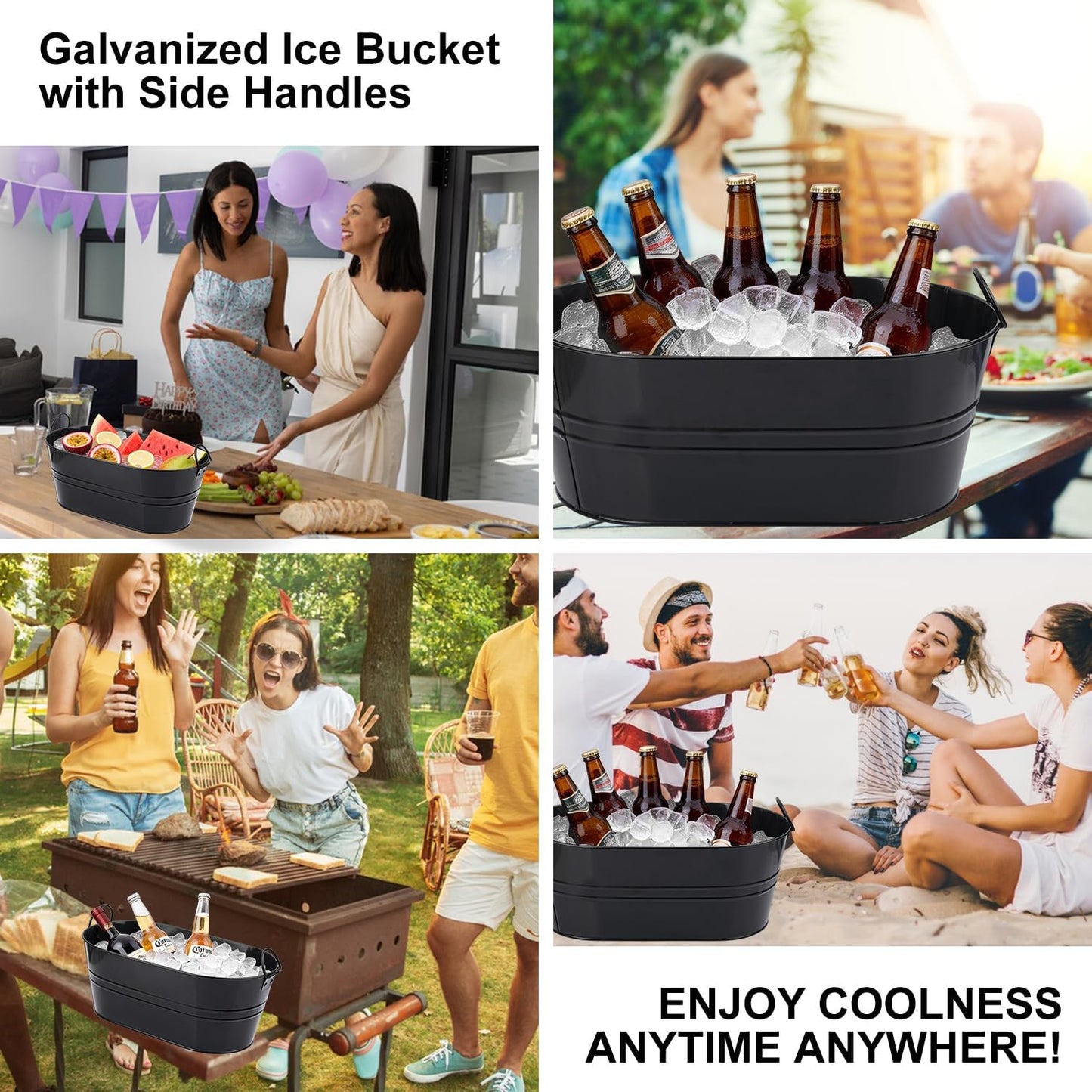 3 PCS 15.3 x 9 x 6 inches White Metal Galvanized Tub with Iron Handles, 3 Gallon Beverage Tubs for Parties, Large Ice Buckets for Beer, Wine, Cocktails & Outdoor Events