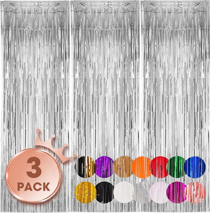 Voircoloria 3 Pack 3.3x8.2 Feet Gold Foil Fringe Backdrop Curtains, Tinsel Streamers, Fringe Backdrop for 2025 New Years Eve, Graduation, Birthday, Baby Shower, Gender Reveal, Disco Party - Colors A