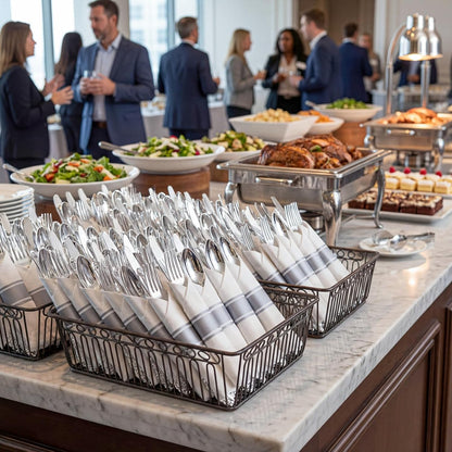 Liacere 100 Pack Silver Plastic Silverware-Pre Wrapped cutlery and Napkin-Pre Rolled Silverware Disposable 100 Forks, 100 Knives 100 Spoons, 100 Napkins Plastic Utensils＆Wedding