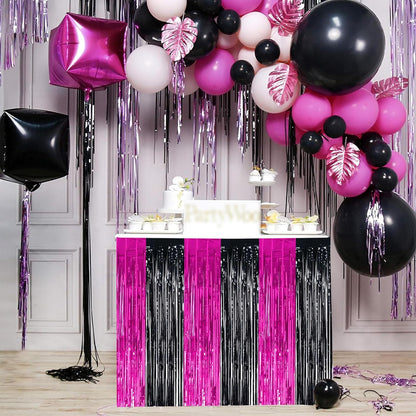 BEISHIDA 2 Pack Metallic Tinsel Foil Fringe Table Skirts for Rectangle & Round Tables Hot Pink Kids' Birthday, Holiday Cartoon Party Decorations for Birthday Valentines Baby Shower Festive Events
