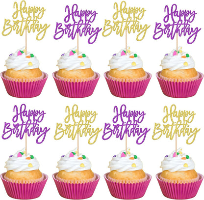 24 PCS Happy Birthday Cupcake Toppers Glitter Picks for Celebrating Anniversary Theme Party Cake Decorations Supplies Gold
