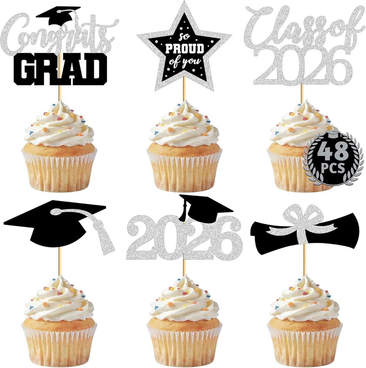 48 PCS Graduation Cupcake Toppers, Glittery 6 Styles Congrats Grad Cake Topper, Black and Red Graduation Decorations 2026, Cap and Diploma Cake Picks for Grad Party Supplies